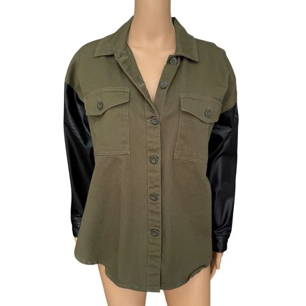 Altar'd State Womens Shacket Jacket Olive Pockets Faux Leather Sleeves S NWOT